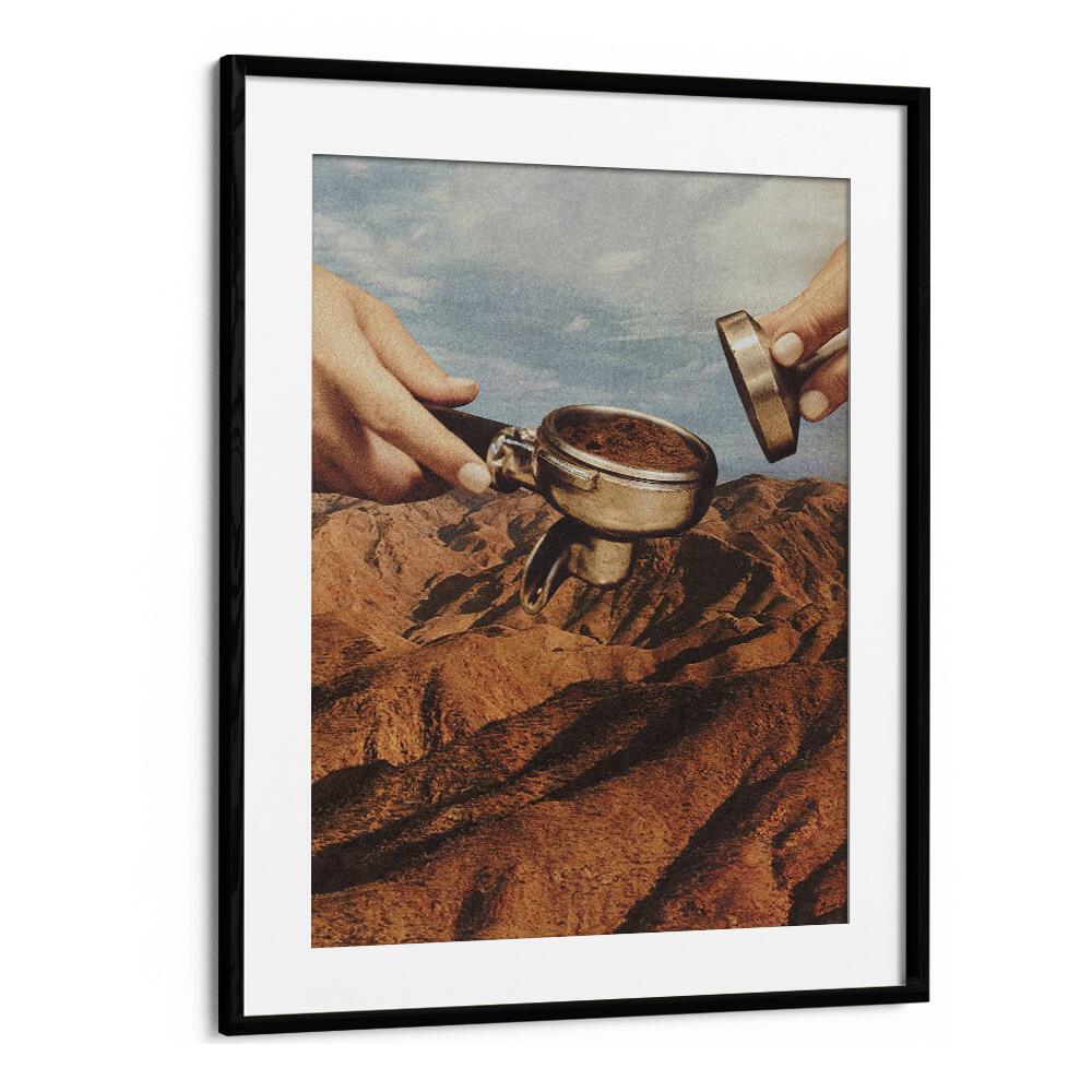 Barista Coffee County, Surreal Art Prints, features hands pouring coffee over a surreal mountain landscape.