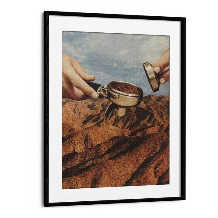 Barista Coffee County, Surreal Art Prints, features hands pouring coffee over a surreal mountain landscape.