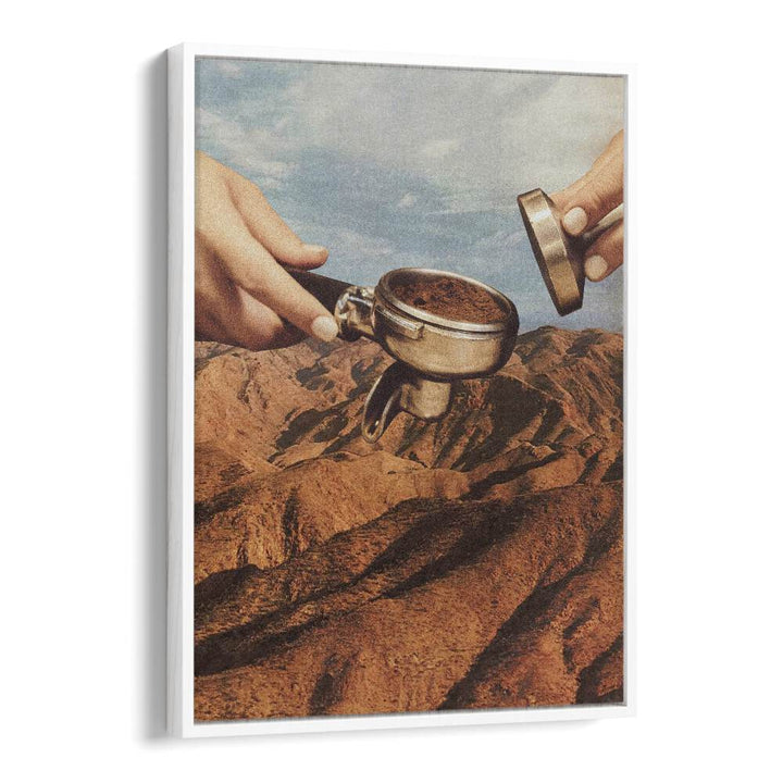 Surreal art print "Barista Coffee County" by Vertigo Artography, featuring coffee preparation in a mountainous landscape.