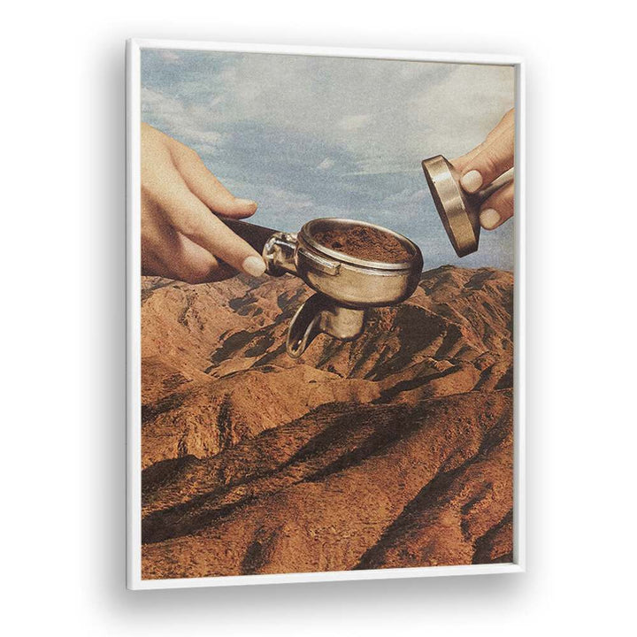 Surreal art print "Barista Coffee County" by Vertigo Artography showcases coffee against a stunning landscape backdrop.