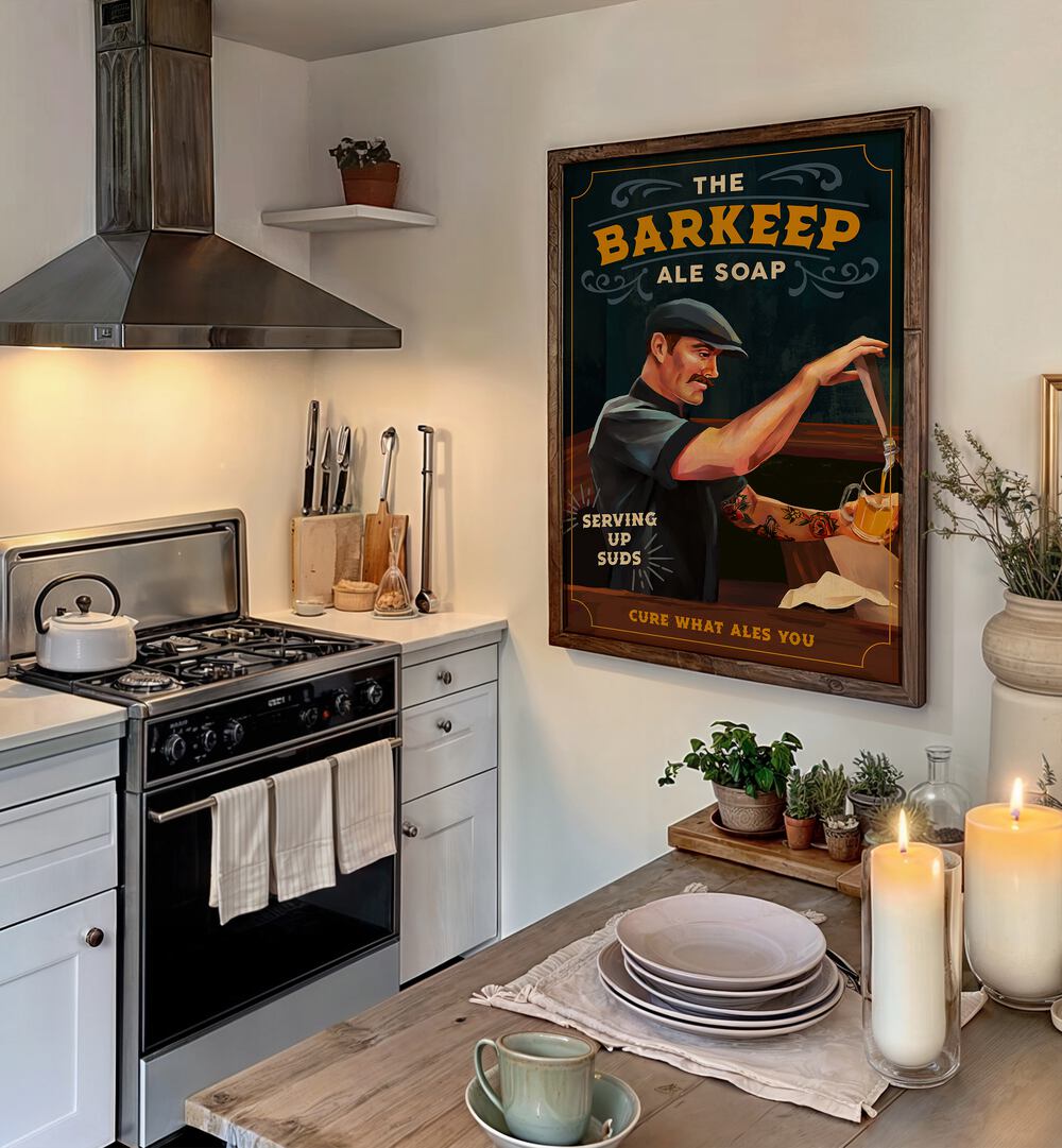 Transform your space with BARKEEP SOAP, BAR art featuring a vintage poster in a stylish kitchen setting.
