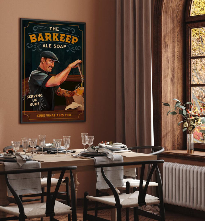 Enhance your space with BARKEEP SOAP, BAR art poster showcasing vibrant creativity and style for bars and cafes.