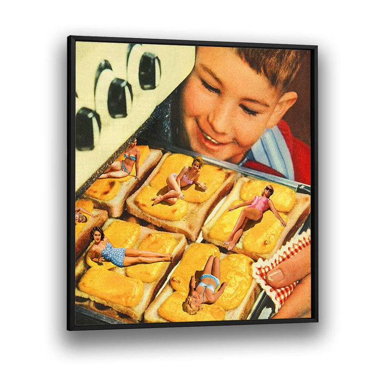 BASKING IN THE OVEN, SURREAL ART PRINTS features playful imagery blending nostalgia and whimsy for any space.