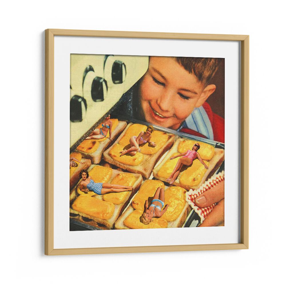 Surreal art print "Basking In The Oven" by Vertigo Artography, featuring playful imagery in an oak frame.