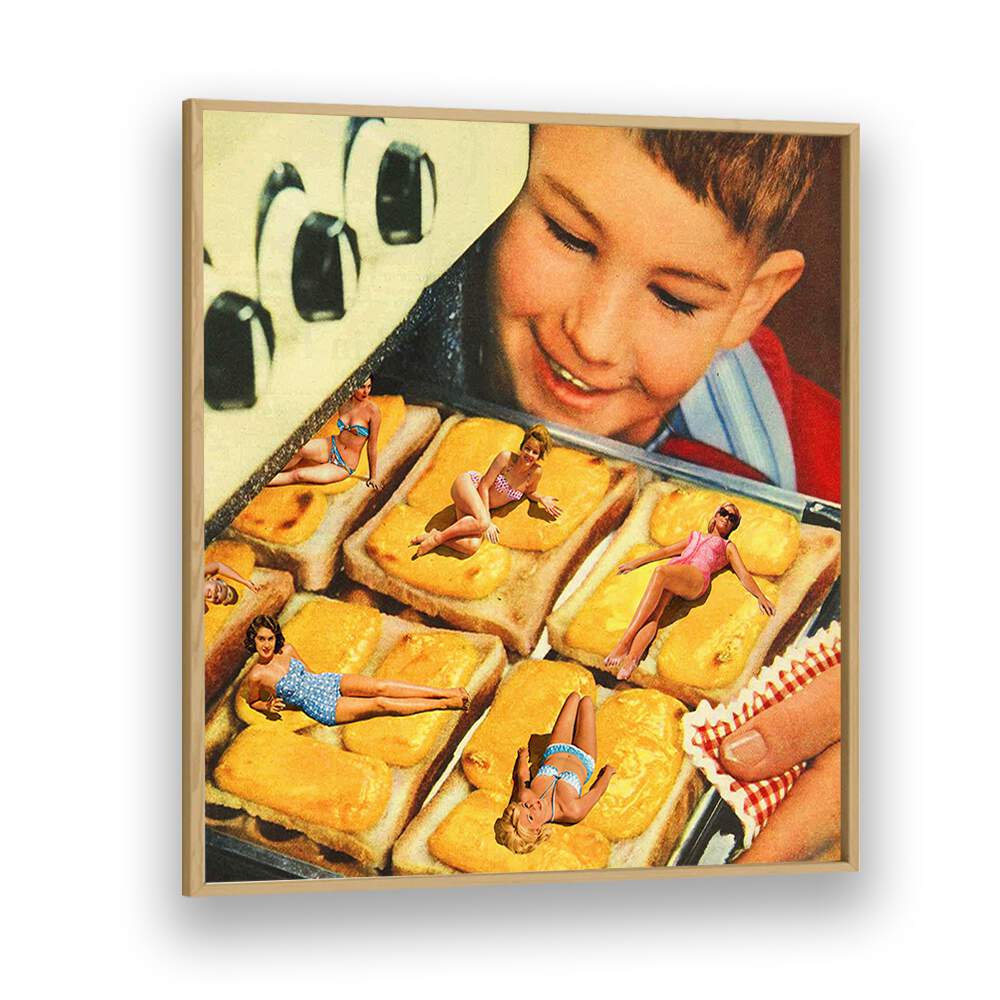 A playful surreal art print, "BASKING IN THE OVEN, SURREAL ART PRINTS," by Vertigo Artography, brightens any space.
