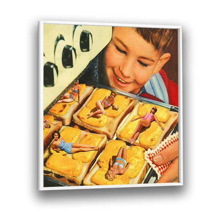 BASKING IN THE OVEN, SURREAL ART PRINTS features playful figures on toast, perfect for adding whimsy to any space.