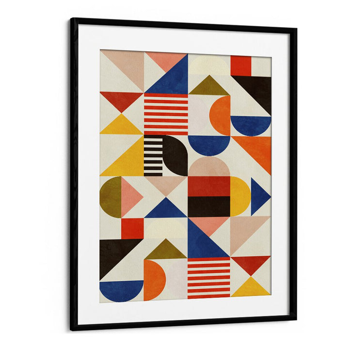 Vibrant BAUHAUS FUN, ABSTRACT PAINTINGS by Ana Rut Bre, framed artwork showcasing colorful geometric shapes.