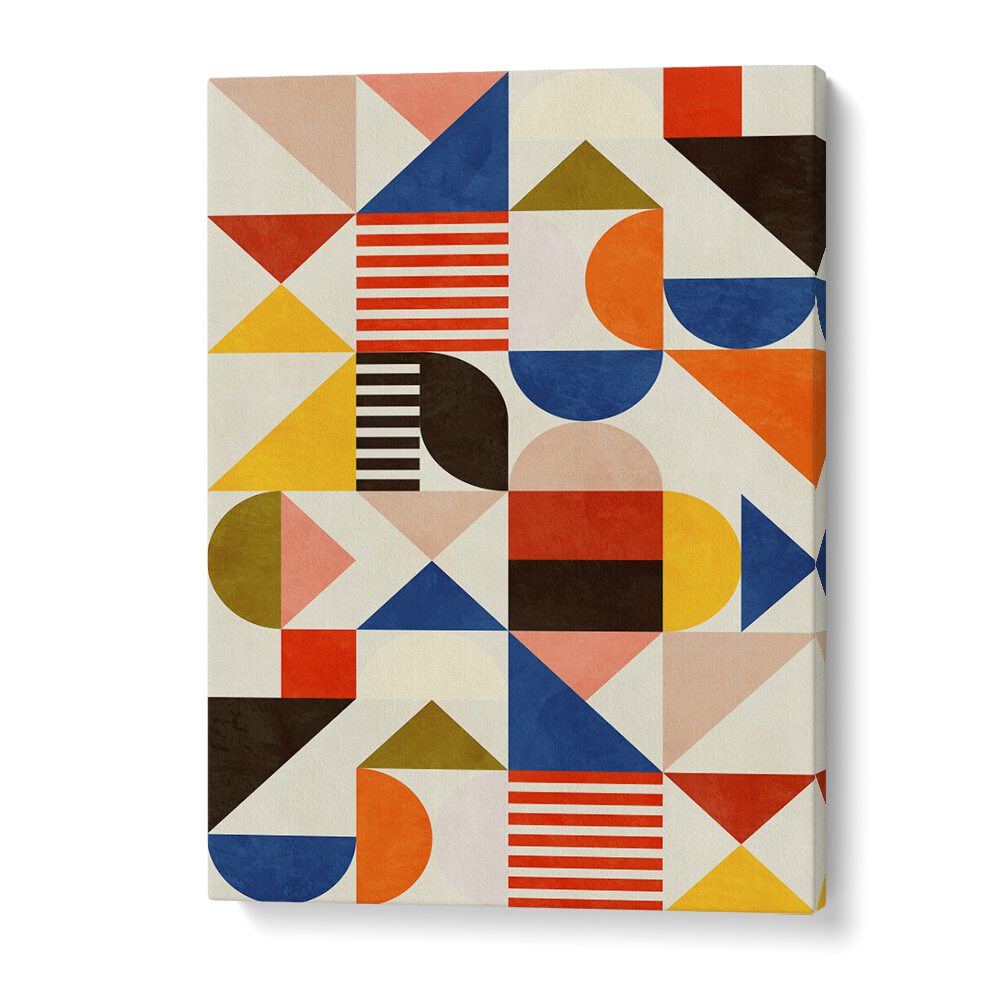 Colorful geometric design featuring BAUHAUS FUN, ABSTRACT PAINTINGS by Ana Rut Bre, enhancing any creative space.