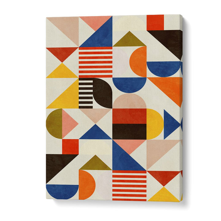 Colorful geometric design featuring BAUHAUS FUN, ABSTRACT PAINTINGS by Ana Rut Bre, enhancing any creative space.