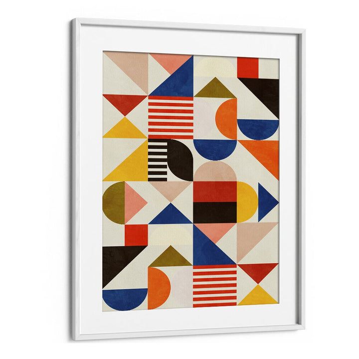 Vibrant BAUHAUS FUN, ABSTRACT PAINTINGS by Ana Rut Bre, showcasing geometric shapes in a stylish white frame.