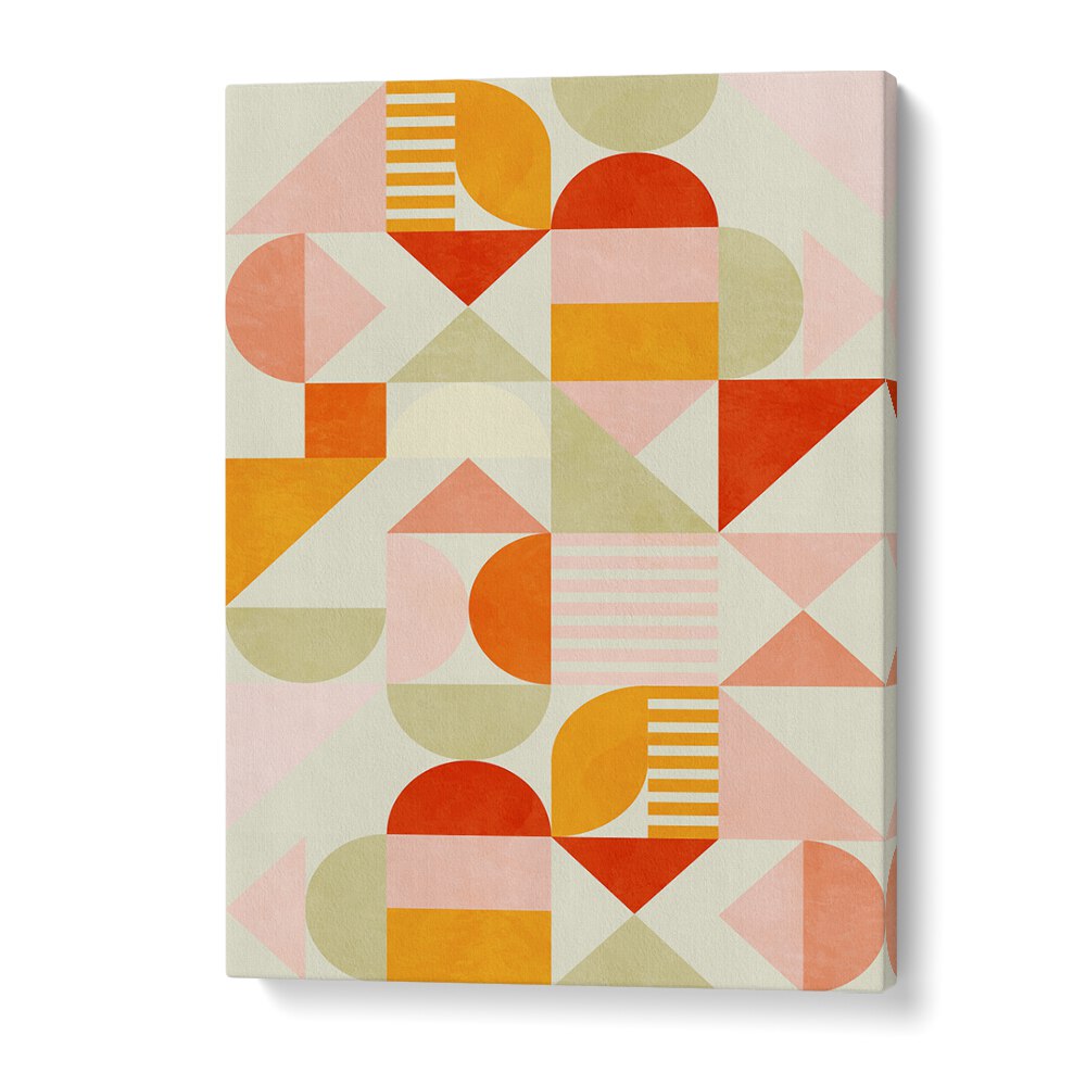 Bright geometric shapes in warm tones define the BAUHAUS FUN PASTEL, ABSTRACT PAINTINGS by Ana Rut Bre.