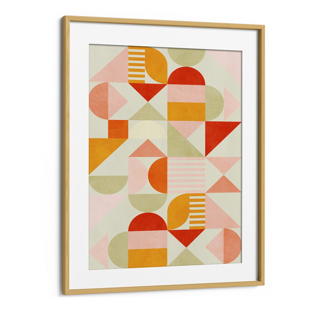 Bauhaus Fun Pastel, abstract paintings by Ana Rut Bre, featuring vibrant shapes and colors in a wood frame.