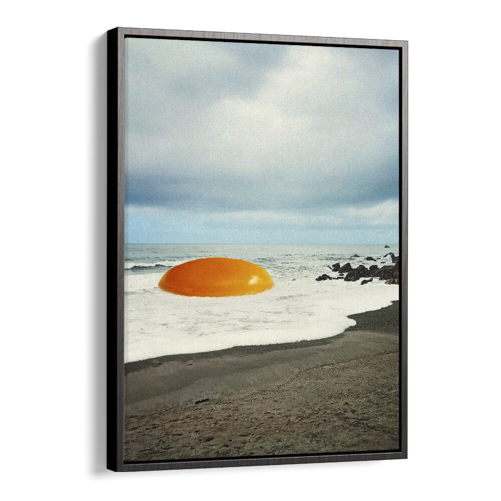 Surreal art print "BEACH EGG, SURREAL ART PRINTS" featuring a vibrant egg on a tranquil beach by Vertigo Artography.