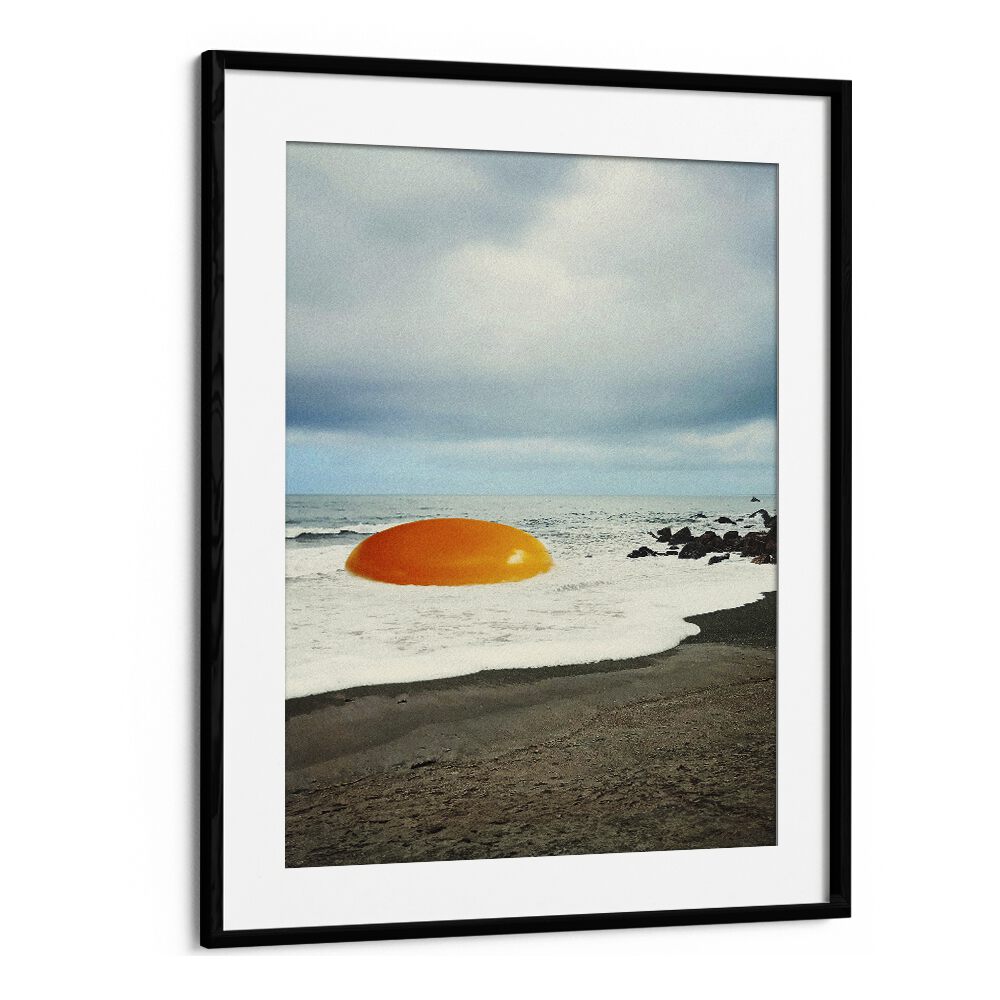 Surreal art print "Beach Egg" by Vertigo Artography, featuring a giant egg on a beach, perfect for any space.