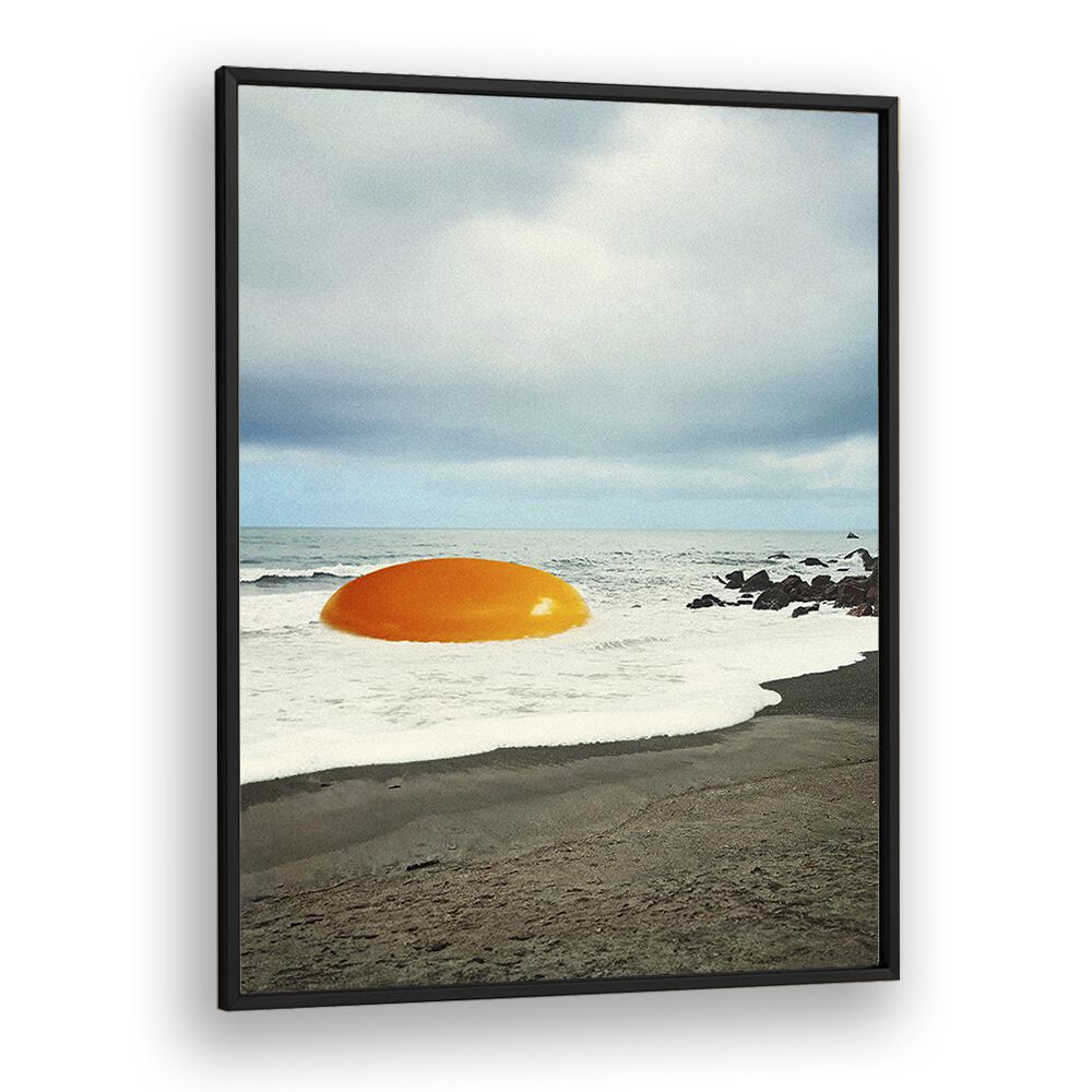 Surreal BEACH EGG, SURREAL ART PRINTS by Vertigo Artography, featuring a vibrant egg against a beach backdrop.