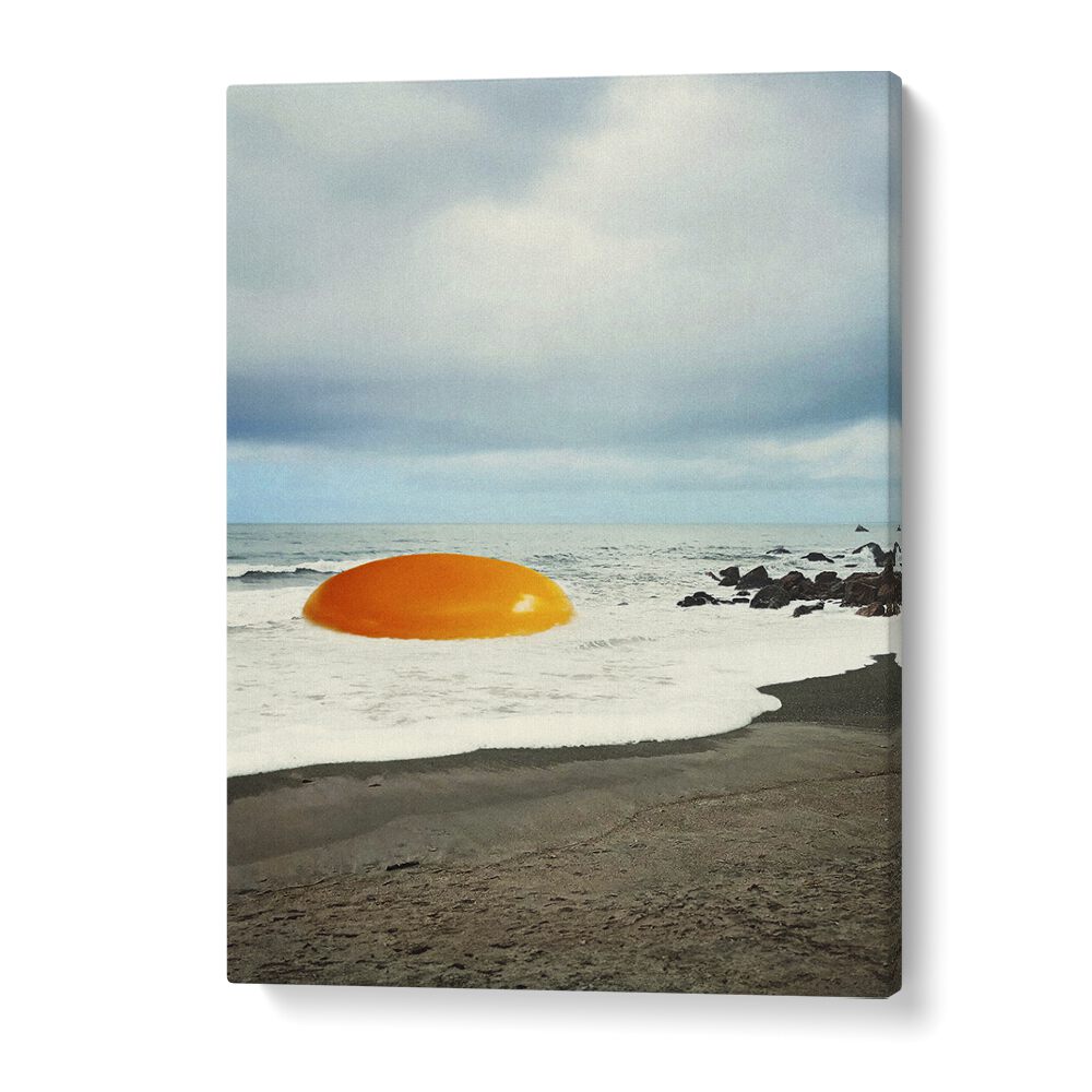 Surreal BEACH EGG, SURREAL ART PRINTS by Vertigo Artography, featuring a giant egg on a beach scene. Perfect for any room.