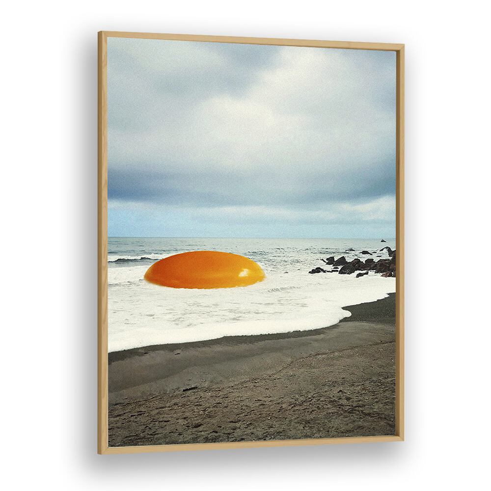 Surreal art print "BEACH EGG, SURREAL ART PRINTS" showcases a giant egg yolk on a serene beach by Vertigo Artography.