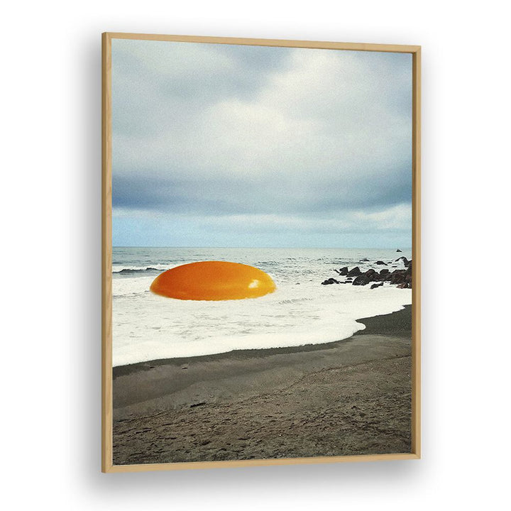 Surreal art print "BEACH EGG, SURREAL ART PRINTS" showcases a giant egg yolk on a serene beach by Vertigo Artography.