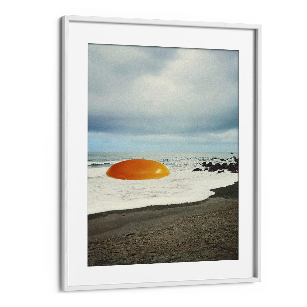Surreal BEACH EGG art print by Vertigo Artography, featuring a vibrant egg nestled on a beach scene.