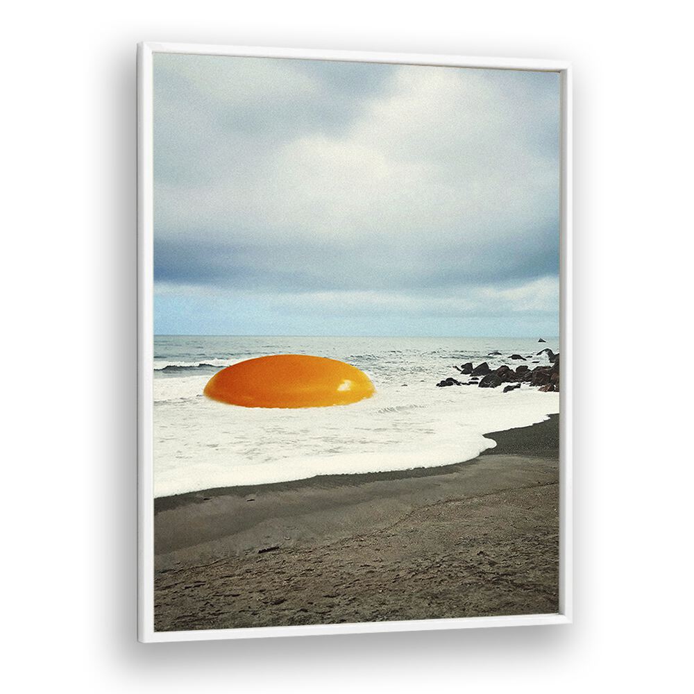 Surreal BEACH EGG, SURREAL ART PRINTS by Vertigo Artography, featuring a vibrant egg yolk on a beach scene.