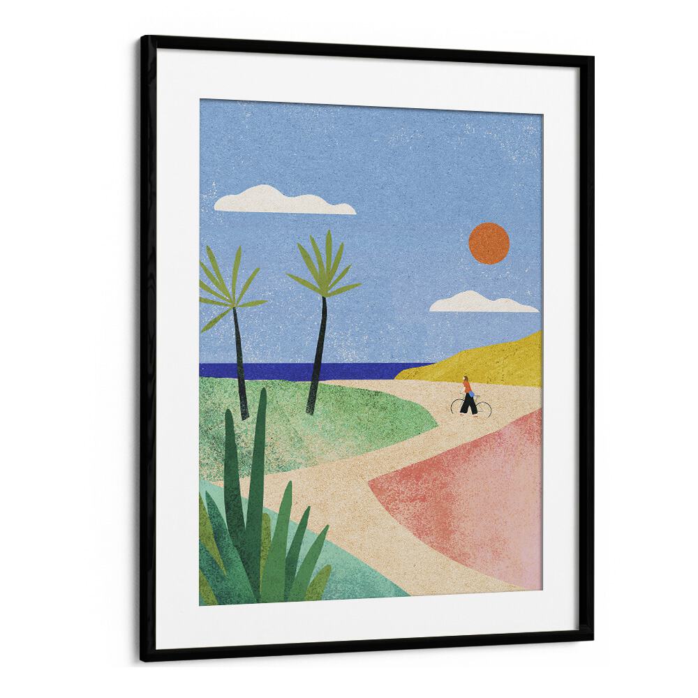 Serene BEACH GIRL, LANDSCAPE PAINTINGS art print showcasing a tranquil beach scene, perfect for summer décor.
