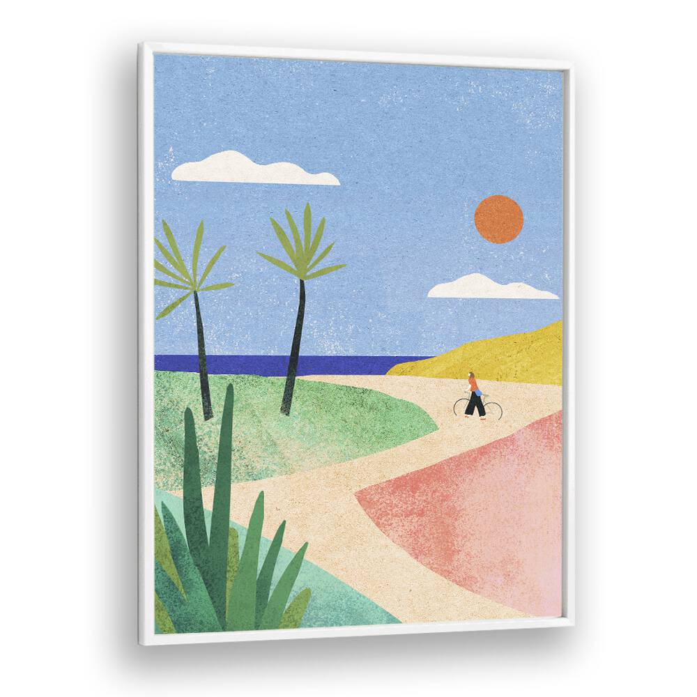 Bright and cheerful BEACH GIRL, LANDSCAPE PAINTINGS art print featuring serene beach scenery and vibrant colors.