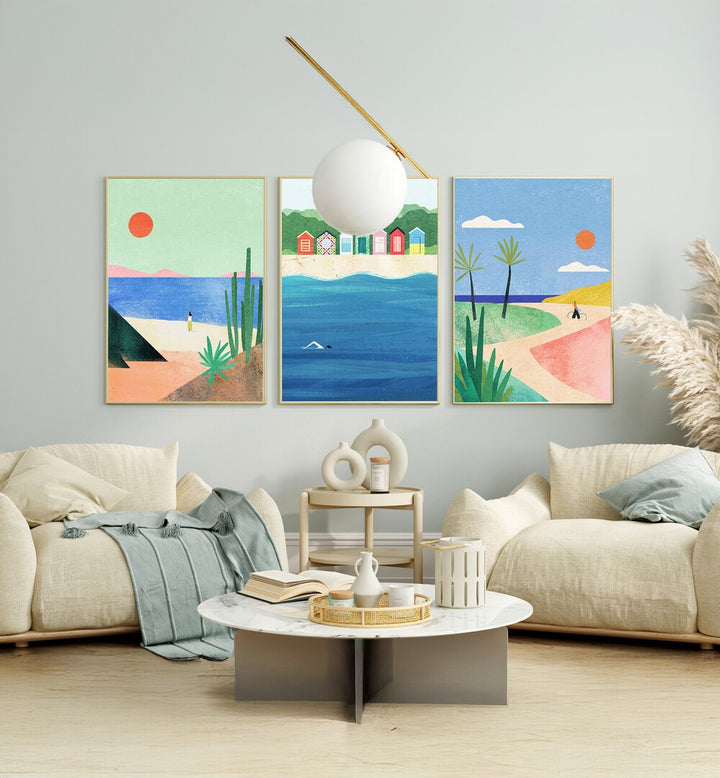 Brighten your home with the BEACH GIRL SET, SET OF 3 PAINTINGS, capturing coastal vibes and summer bliss.