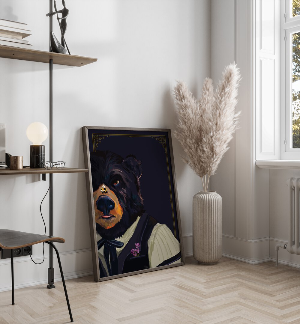 Unique BEAR, ANIMAL PAINTINGS for stylish home decor, featuring a sophisticated bear portrait in a chic setting.
