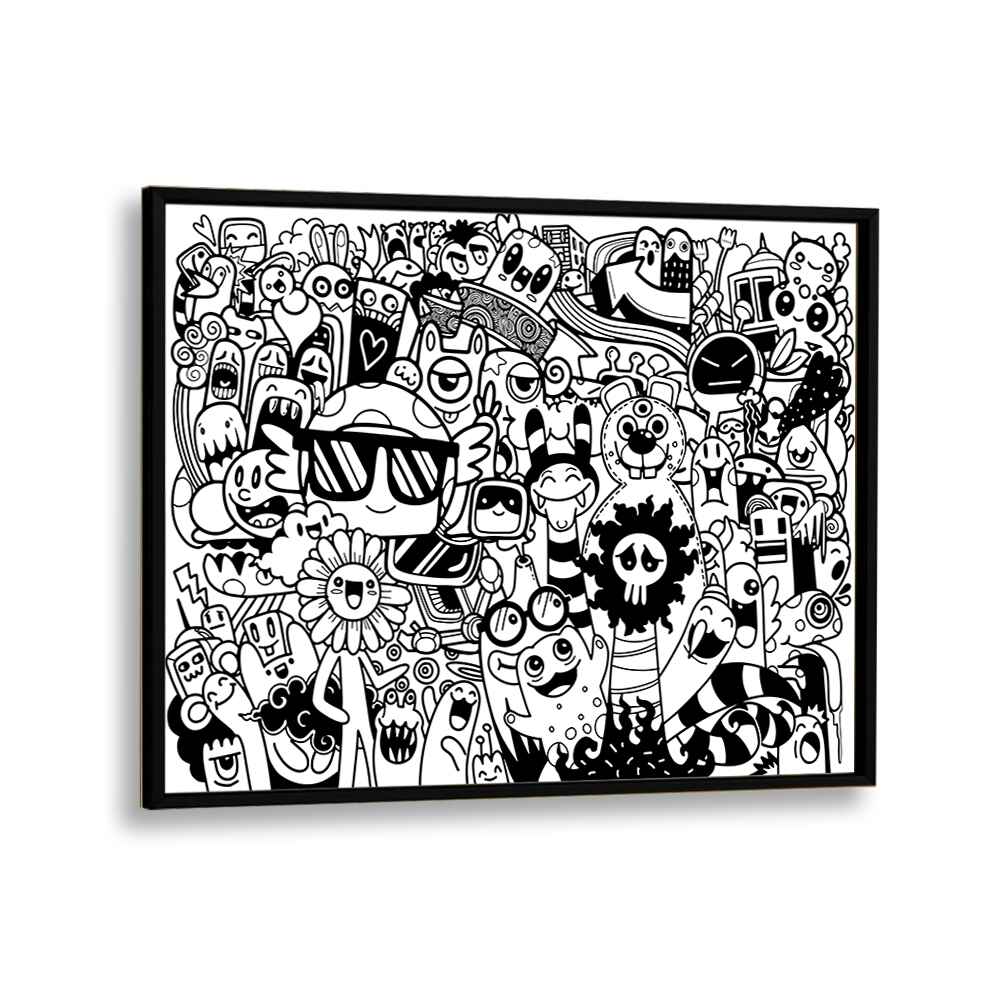 Vibrant BEASTIE BONANZA II, DOODLE ART PAINTINGS display creativity in a stylish black frame, perfect for any space.