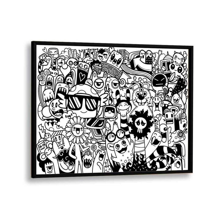 Vibrant BEASTIE BONANZA II, DOODLE ART PAINTINGS display creativity in a stylish black frame, perfect for any space.