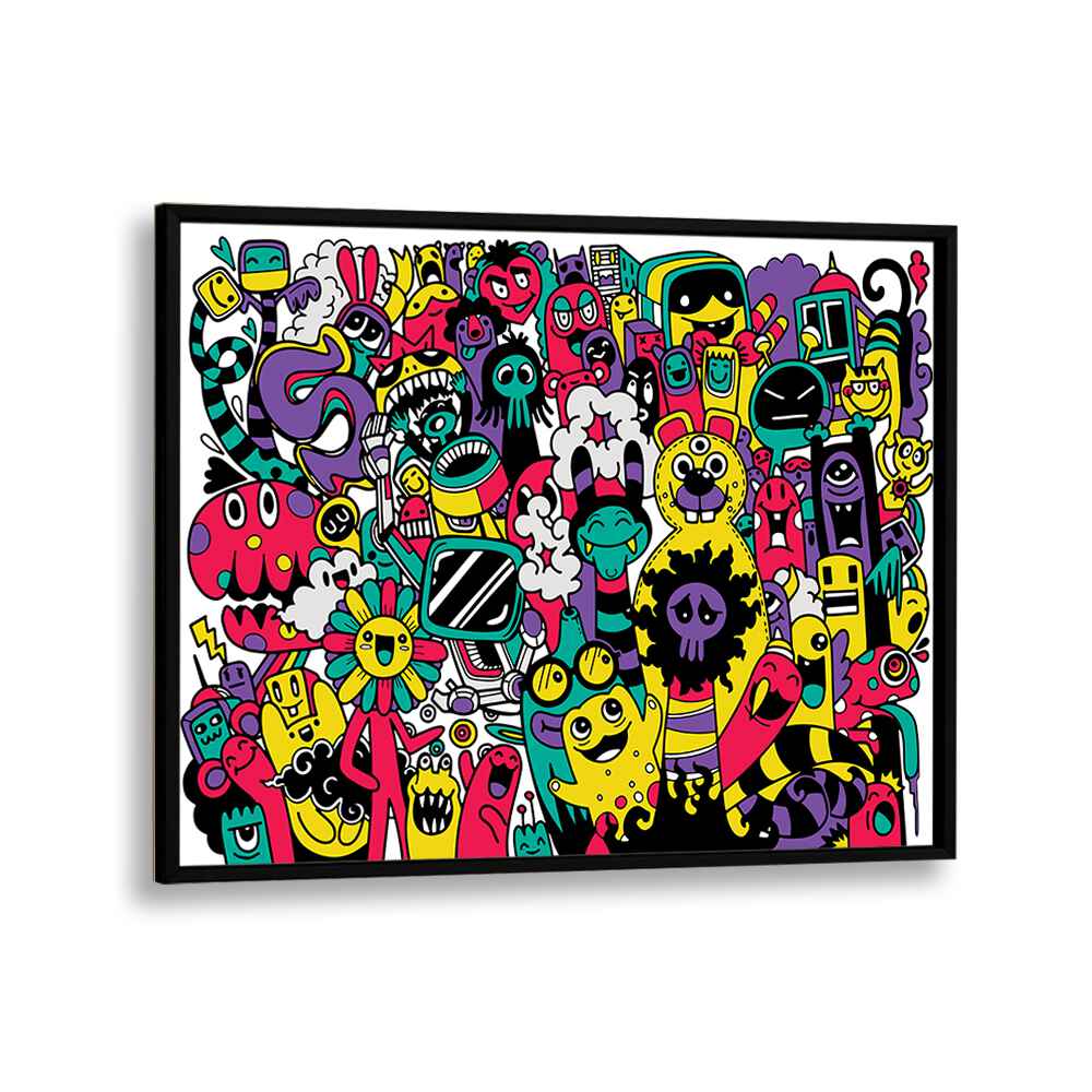 Colorful BEASTIE BONANZA, DOODLE ART PAINTINGS in a sleek black frame, perfect for creative spaces. Unleash imagination!