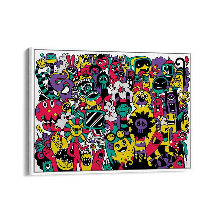 Vibrant BEASTIE BONANZA, DOODLE ART PAINTINGS showcasing imaginative doodles in a white floater frame. Perfect for art lovers!
