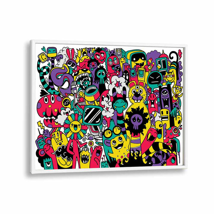 Colorful and imaginative BEASTIE BONANZA, DOODLE ART PAINTINGS in a stylish white frame, perfect for creative spaces.