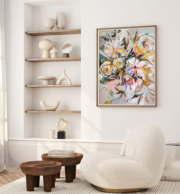 Stylish living room featuring BEDROOM FLOWERS, FLORAL FLOWER PAINTINGS, adding elegance and vibrancy to your space.