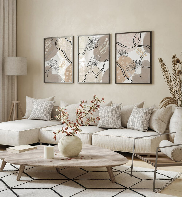 Enhance your decor with the BEIGE NEUTRALIS SET, SET OF 3 PAINTINGS, showcasing modern elegance in your living space.