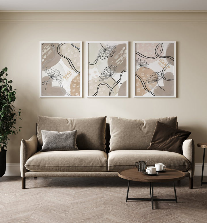 Elevate your decor with the BEIGE NEUTRALIS SET, SET OF 3 PAINTINGS, perfect for modern living spaces.