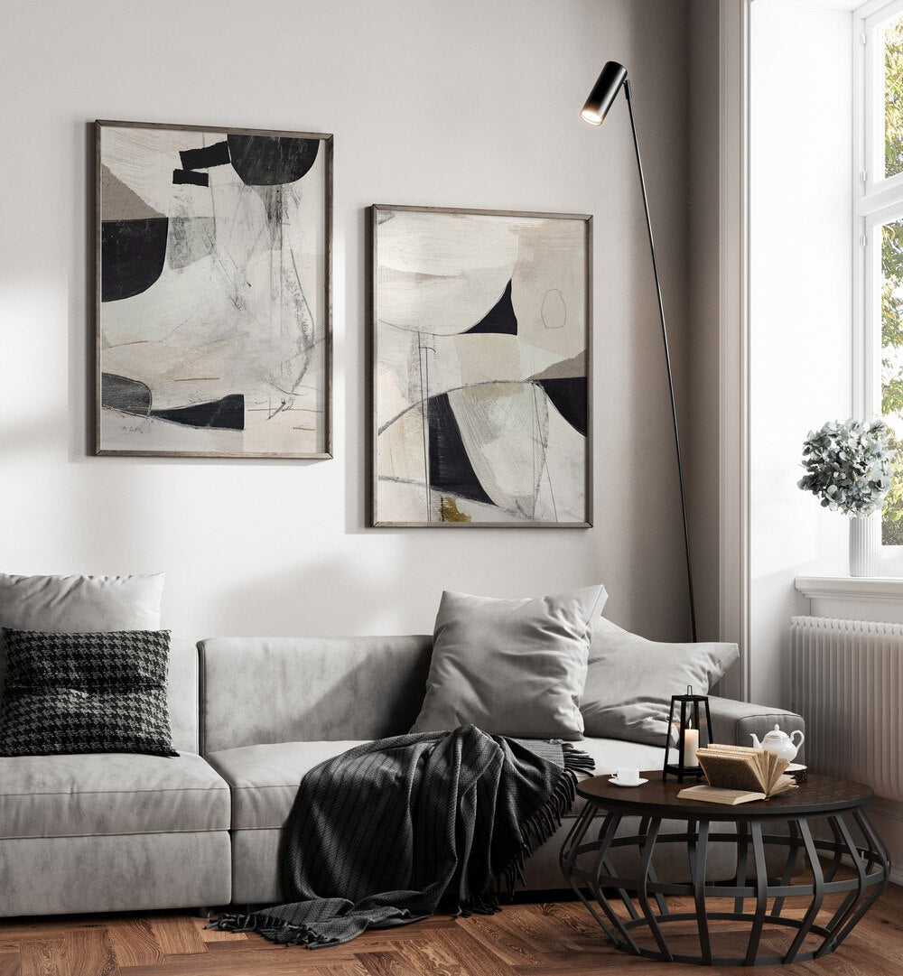 Stylish living room featuring BEIGES ON HIGH SET, SET OF 2 PAINTINGS, enhancing modern decor with elegant artwork.