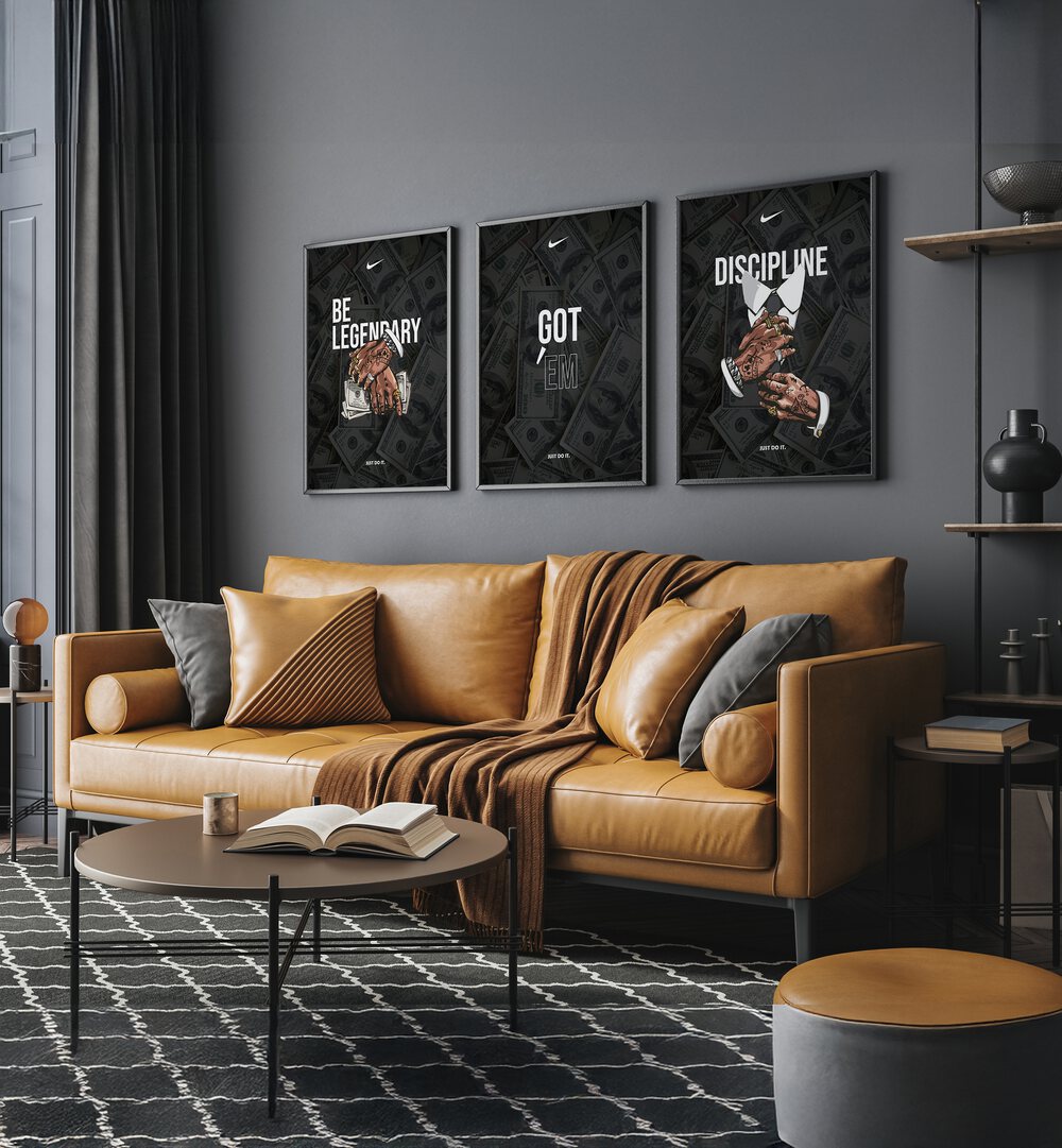 Transform your space with the BE LEGENDARY SET, SET OF 3 PAINTINGS featuring inspiring wall art messages.