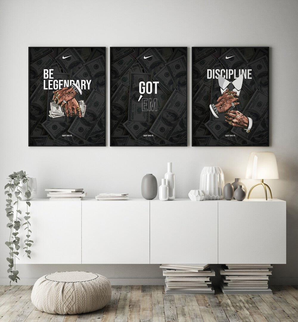 Transform your space with the BE LEGENDARY SET, SET OF 3 PAINTINGS featuring motivational wall art prints.