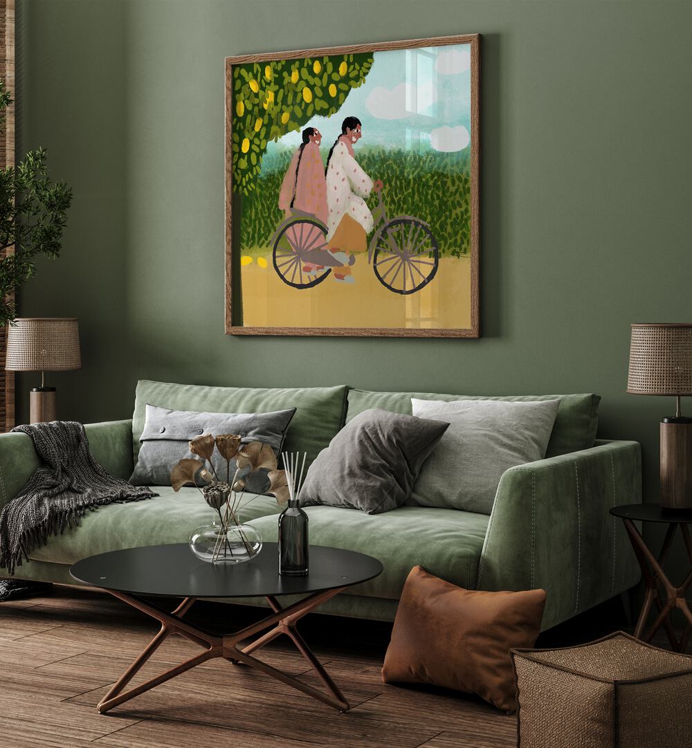 Charming “Bicycle Ride” artwork by Shreya Roy Chowdary, showcasing vibrant Indian art paintings in a cozy setting.