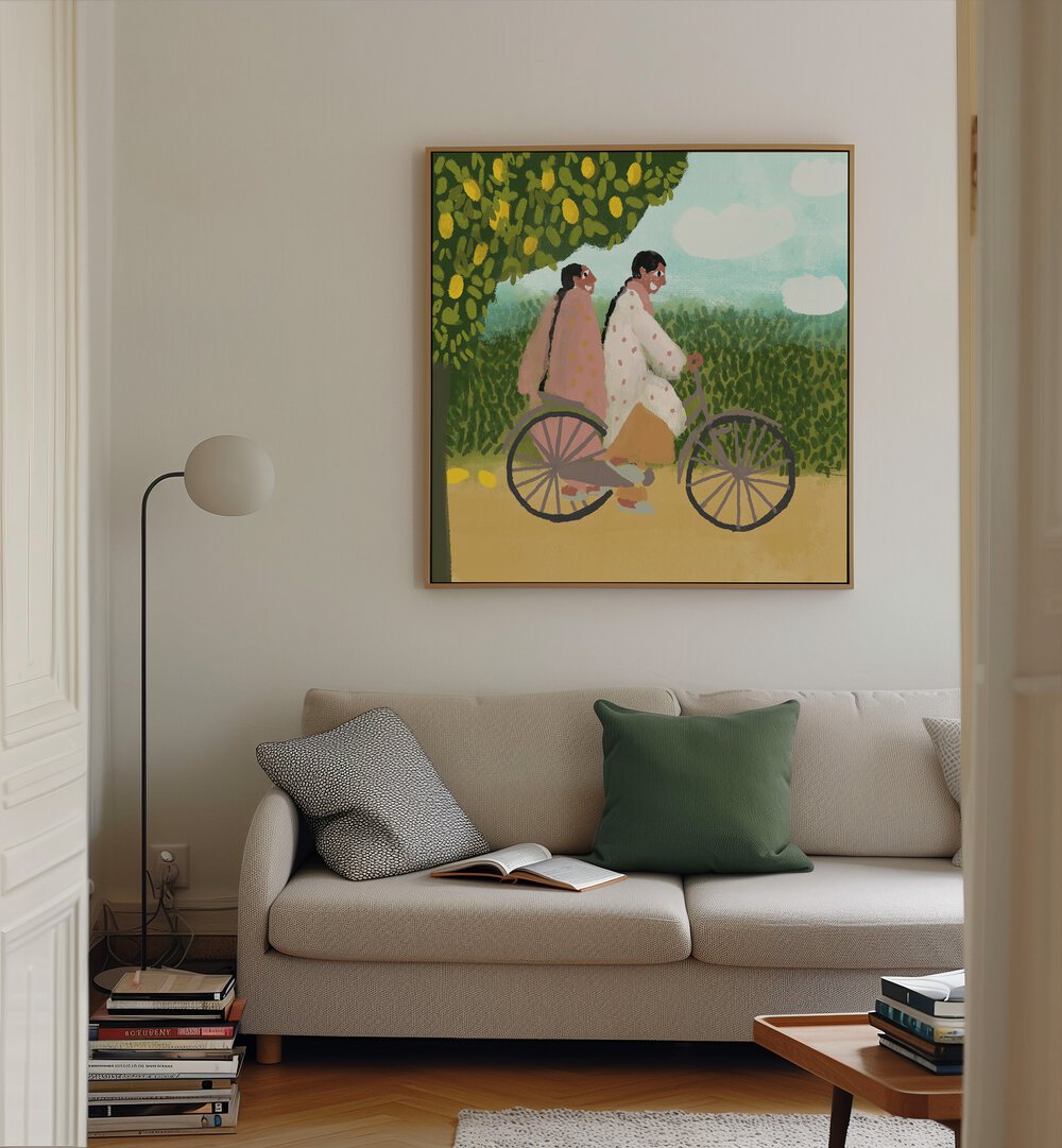 Bicycle Ride, Indian art paintings by Shreya Roy Chowdary showcases two figures cycling in a serene landscape.