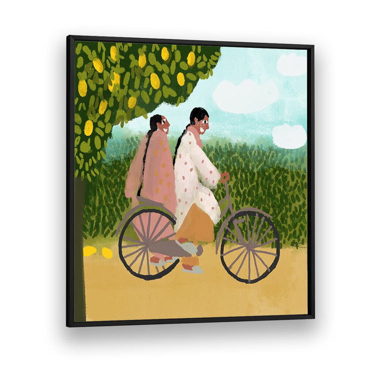 Colorful "Bicycle Ride" by Shreya Roy Chowdary showcases joy in Indian art paintings, a perfect home decor piece.