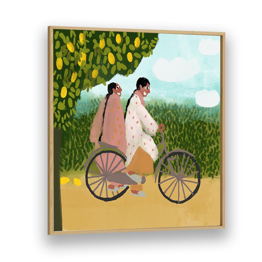 Bicycle Ride captures two figures joyfully cycling through nature, showcasing Indian art paintings by Shreya Roy Chowdary.