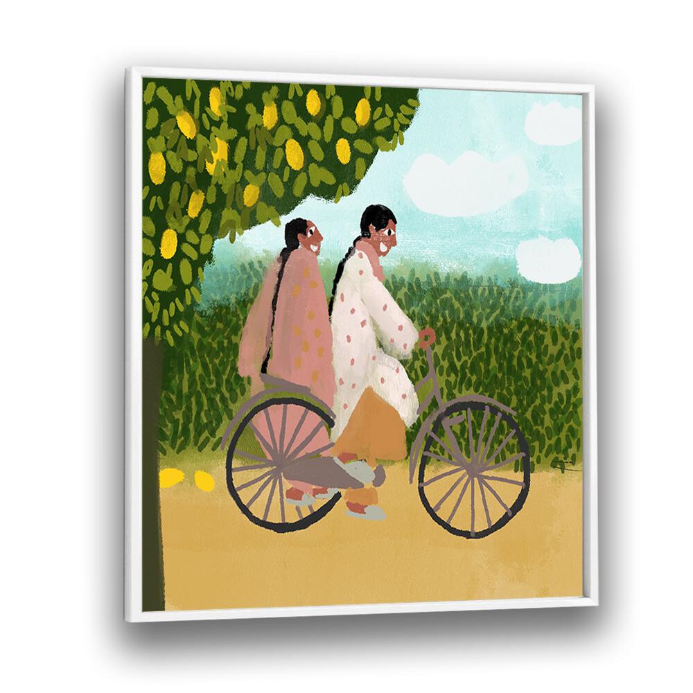 Colorful illustration of two women on a bicycle, showcasing the "BICYCLE RIDE, INDIAN ART PAINTINGS" by Shreya Roy Chowdary.