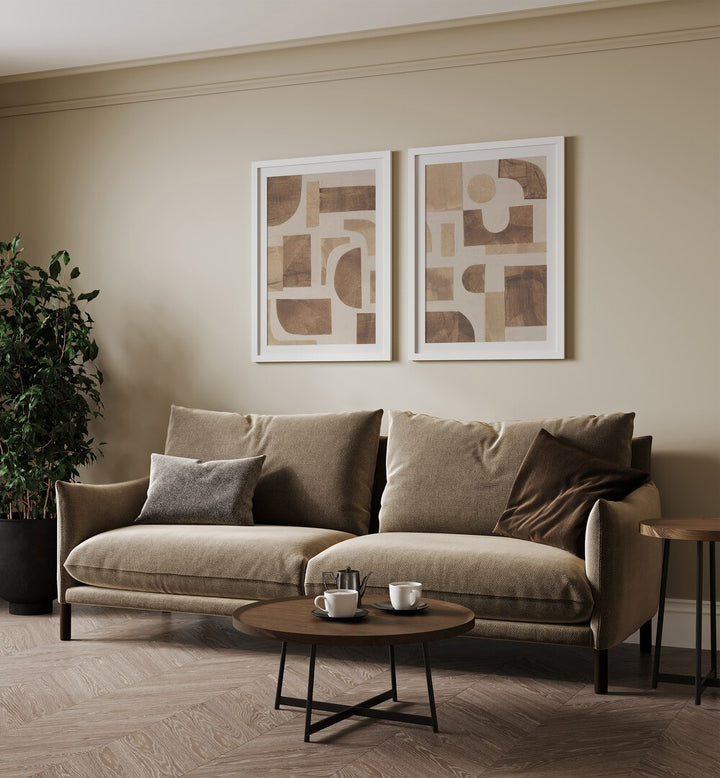 Stylish BEIGE BLOCKS SET, SET OF 2 PAINTINGS enhancing a cozy living room with modern abstract art.