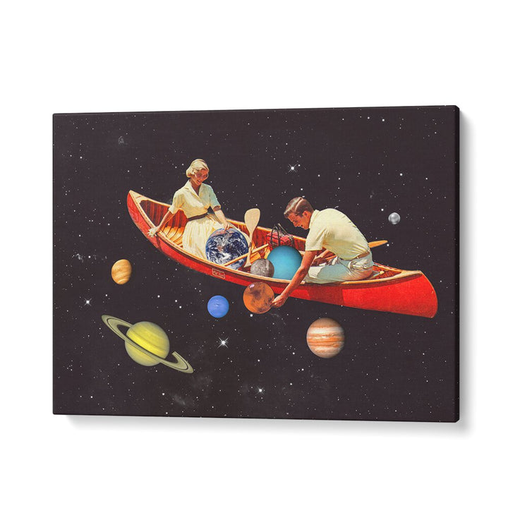 Surreal art print "BIG BANG GENERATION" by Vertigo Artography features a cosmic scene with planets and a canoe.