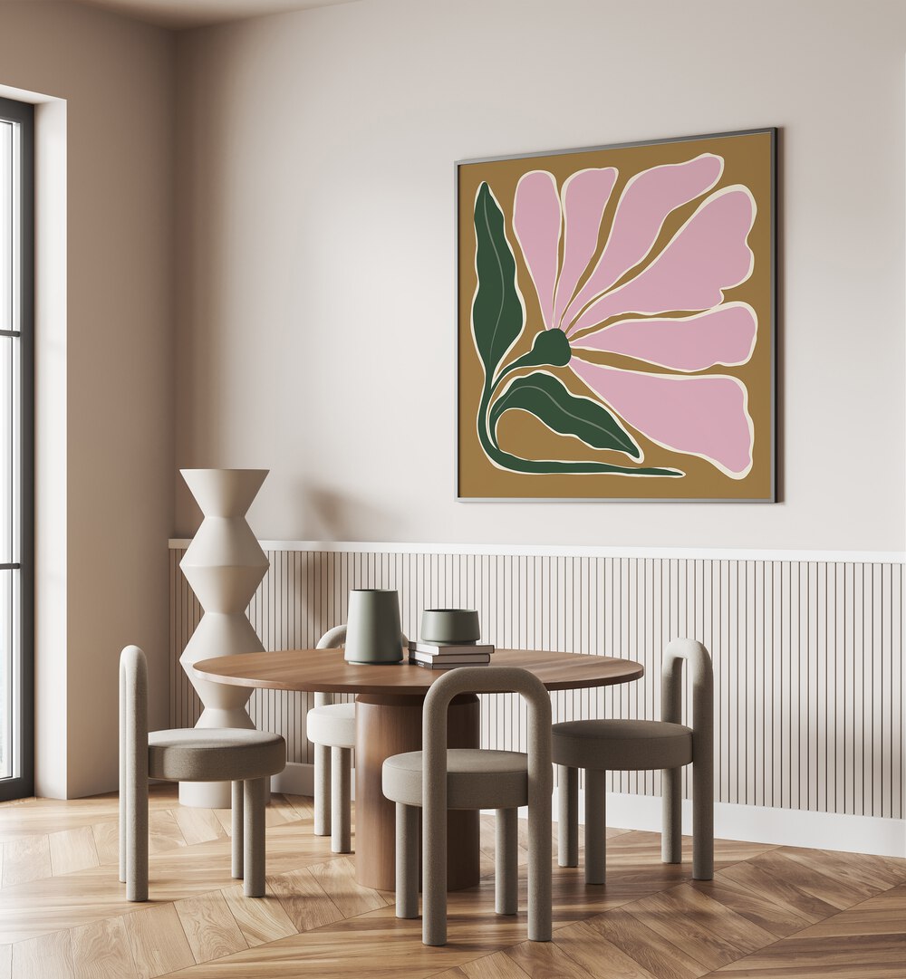 Big Blooming V, Botanical Art Paintings Artwork in Black Plain Frame
placed on a Cream Colored Wall
near a Dining Table
in the Dining Room