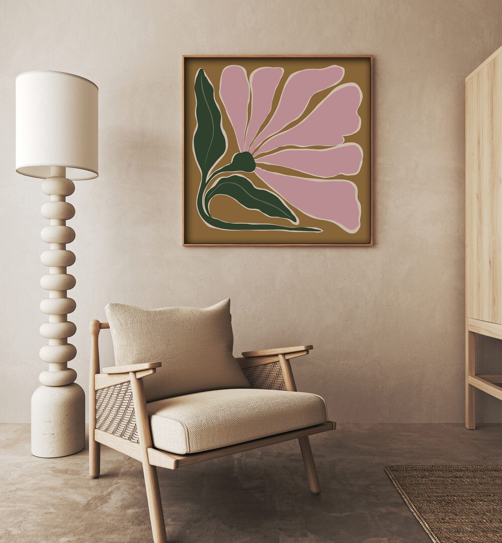Big Blooming V, Botanical Art Paintings Artwork in Oak Wood Plain Frame
placed on a Beige Colored Wall
in the Drawing Room