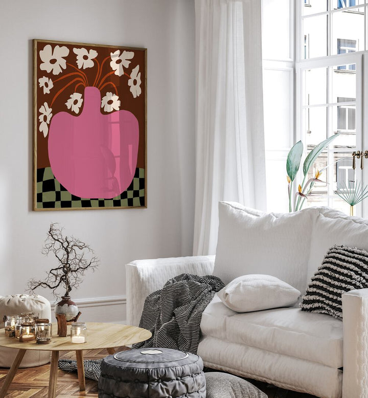 Big Pot With Flower, Botanical Art Paintings Artwork in Oak Wood Plain Frame
placed on a White Colored Wall
near a White Sofa
in the Living Room