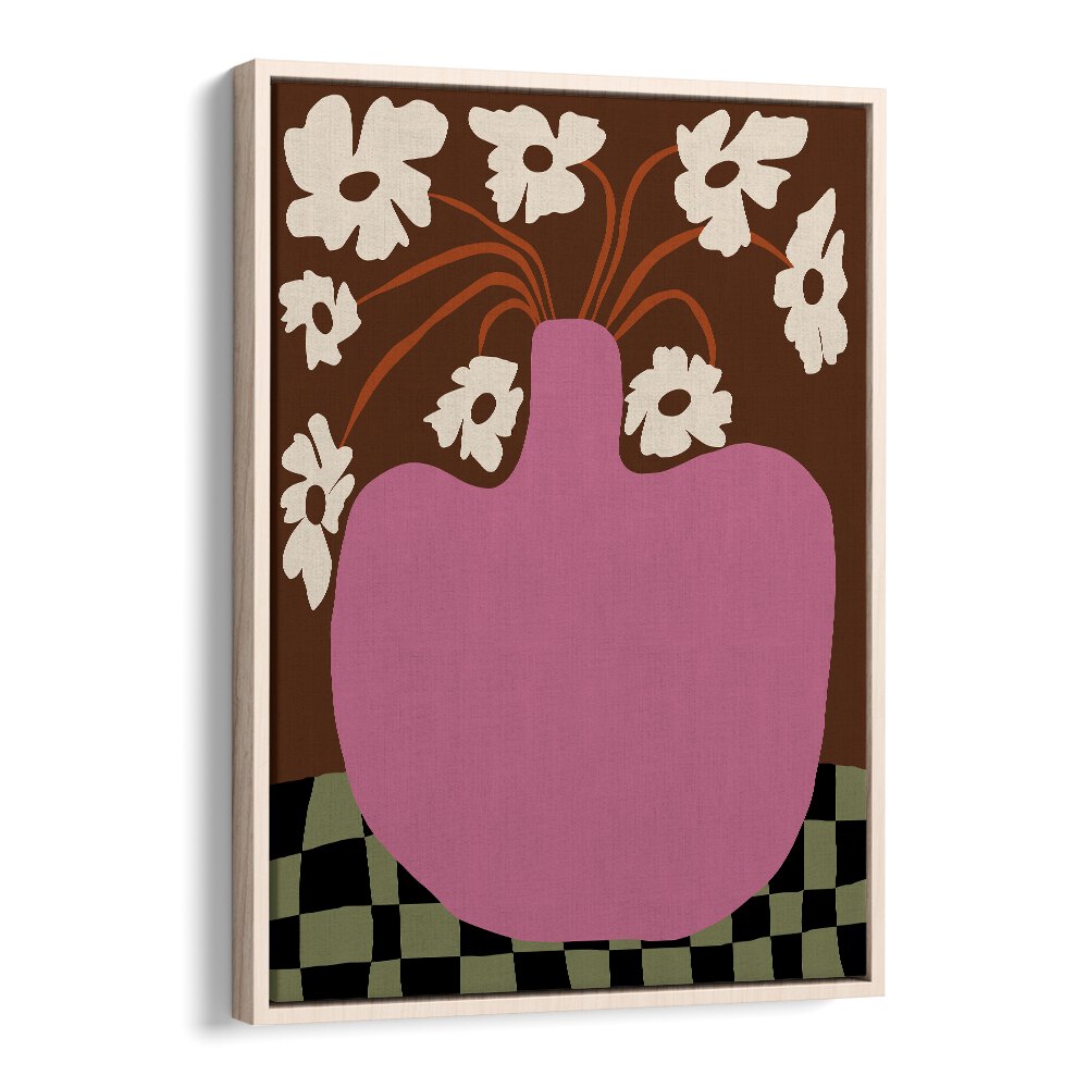 Big Pot With Flower, Botanical Art Paintings Artwork in Oak Wood Floater Frame